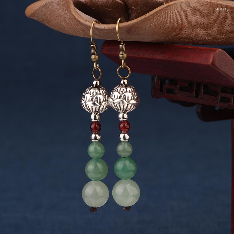 

Dangle Earrings MYWINY Aventurine Ethnic Green Vintage Fashion Tibetan Silver Lotous Flowers Jewelry