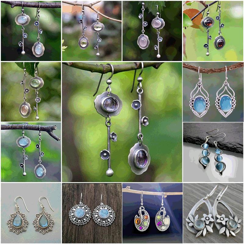 

Dangle Earrings Bohemian Inlaid Purple Stone Flower Bone Hanging Pendant Party Gifts Women's Silver Color Add Temperament
