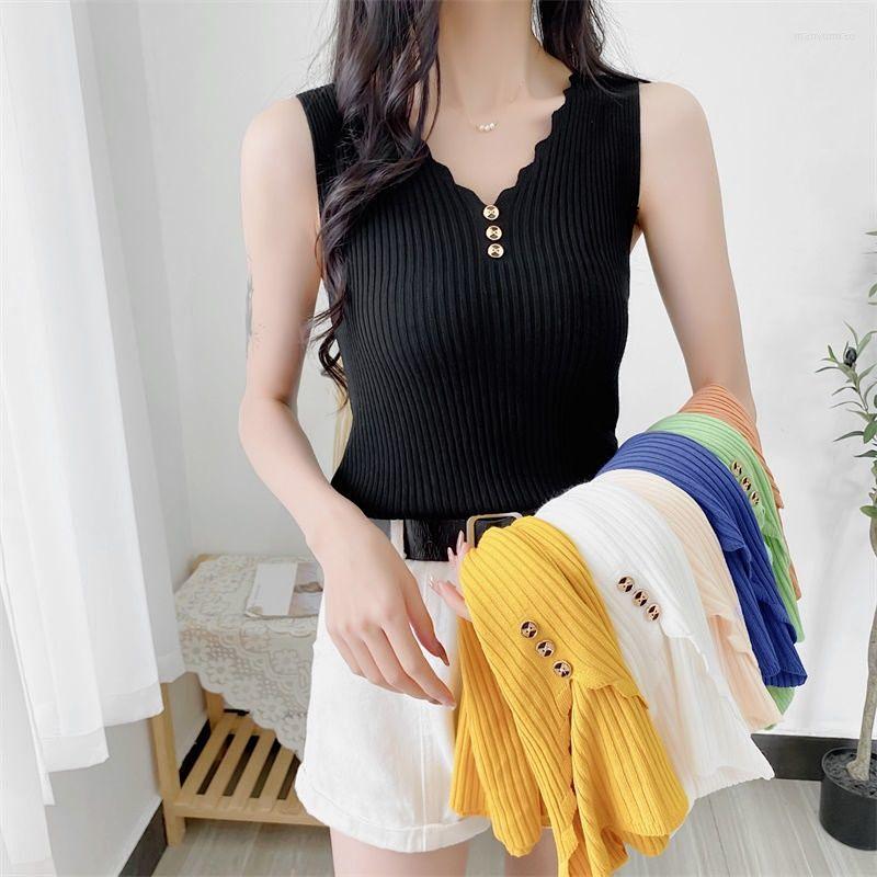 

Women's Tanks V-Neck Knit Top Elegant Black Summer Tank Button Vests For Women Exotic Sleeveless Korean Fashion Loose Casual, Green