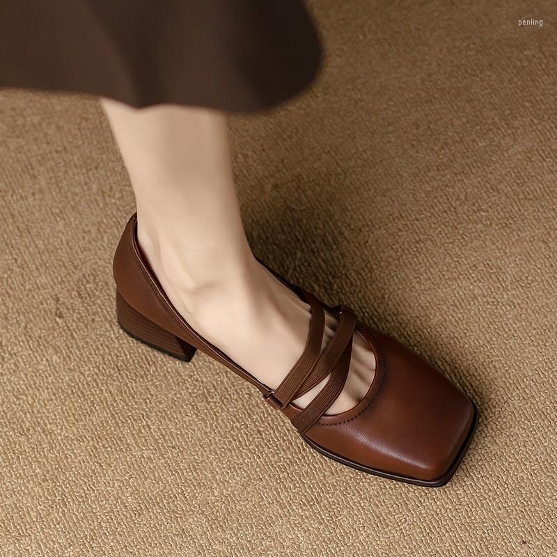 

Dress Shoes Women Cross-tied Boat Square Toe Elastic Band Mary Jane Leather Slip On Designer Lace Up Pumps Mid Heels 1047G, Auburn