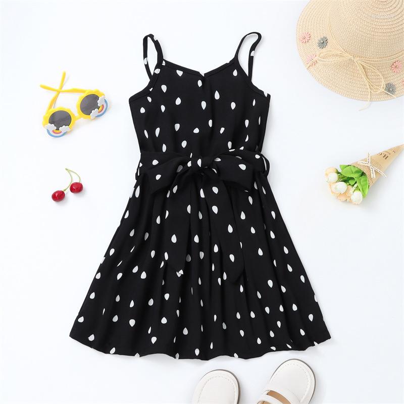 

Girl Dresses Kids Clothes Fashion Print Polka Dots A-Line Sundresses Knee-Length Beach Party Dress BowTie Belt Jumper Skirt, Dark blue