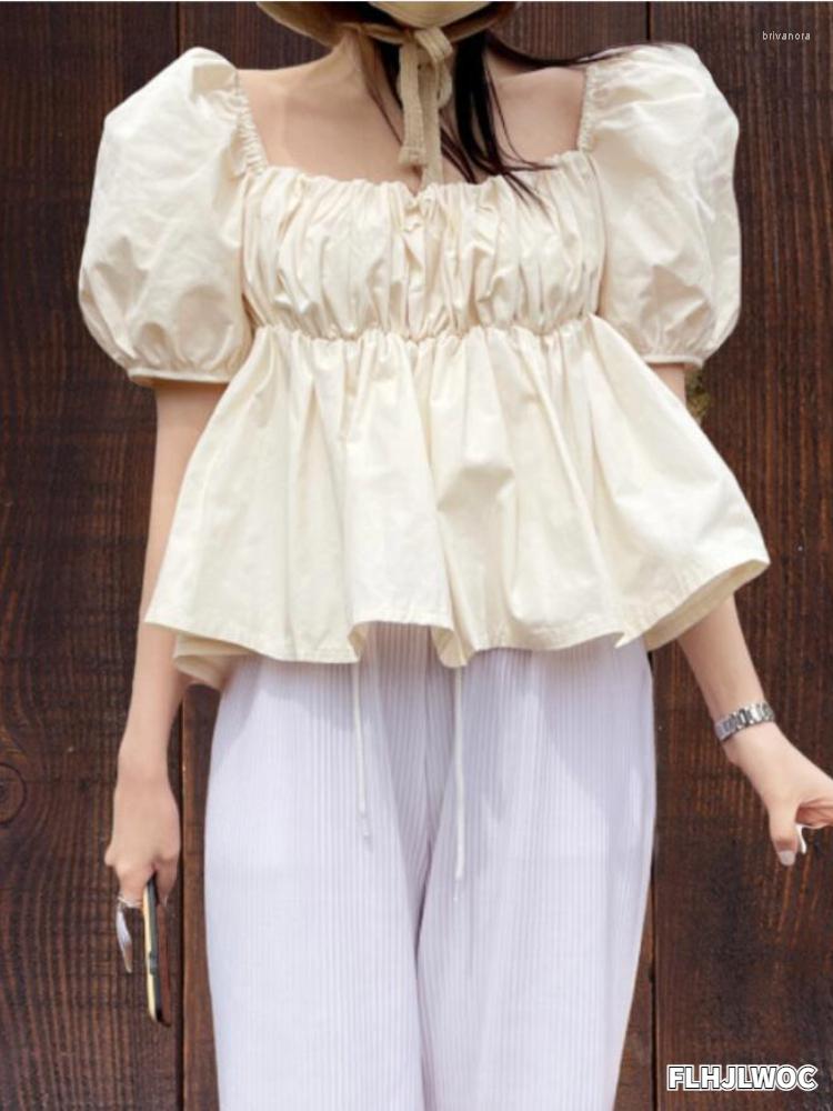 

Women's Blouses 2023 Summer Korea Chic Tops Blusas Fashion Square Neck FLHJLWOC Design Short Crop Peplum Sexy White Black Women