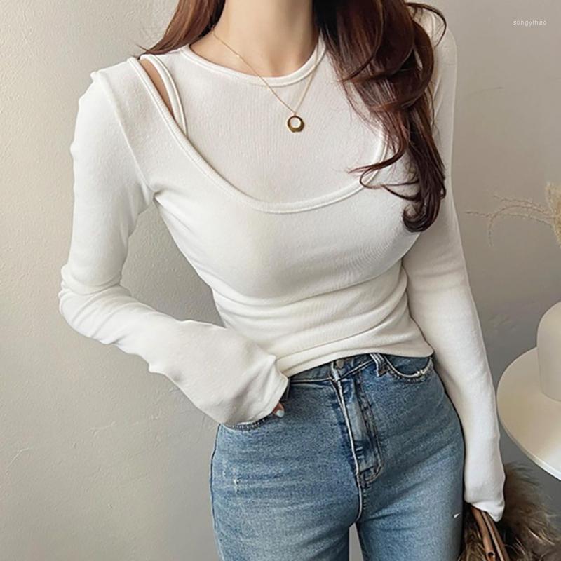 

Women's T Shirts Tshirts For Women Crop Top Shirt Fake Two Piece Long Sleeve Woman Clothes Autumn Korean Style Slim Tee Camisetas Mujer, Black