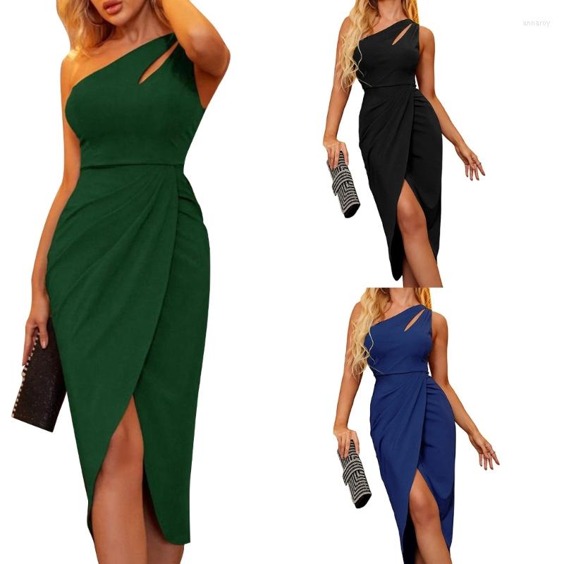 

Casual Dresses Women Cocktail Midi Bodycon Dress Sexy One Shoulder Cutout Sleeveless Asymmetrical Ruched Wrap Split Pencil Drop, Green