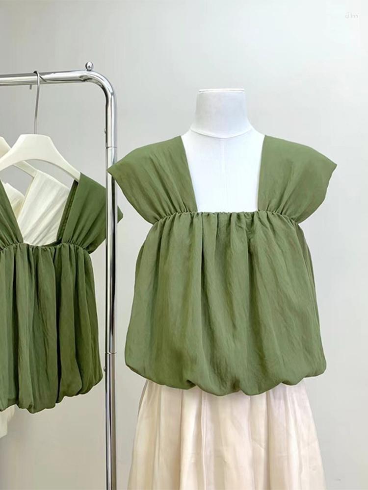 

Women's Tanks Korean Style Vintage Solid Color Design Women Tank Tops Pleated Square Collar Female Casual Cozy Vest 2023 Summer Fashion, Black