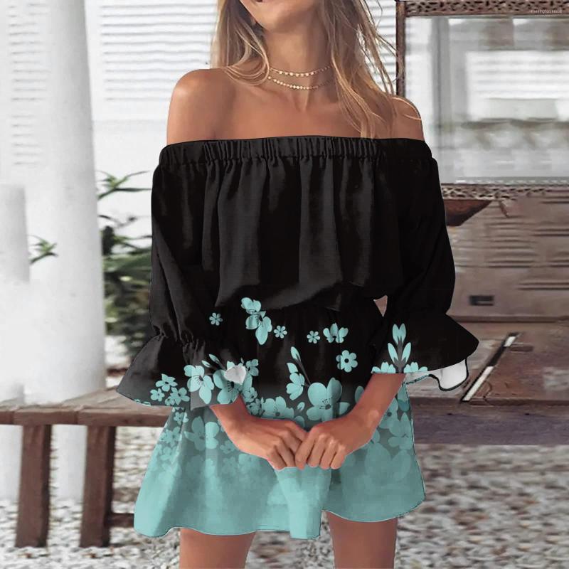 

Casual Dresses Tops Vintage Print Beach Summer Sexy Outfits 2023 Plus Size Off Shoulder Sundresses Loose Fit Bell Sleeve Mini Dress, Blue