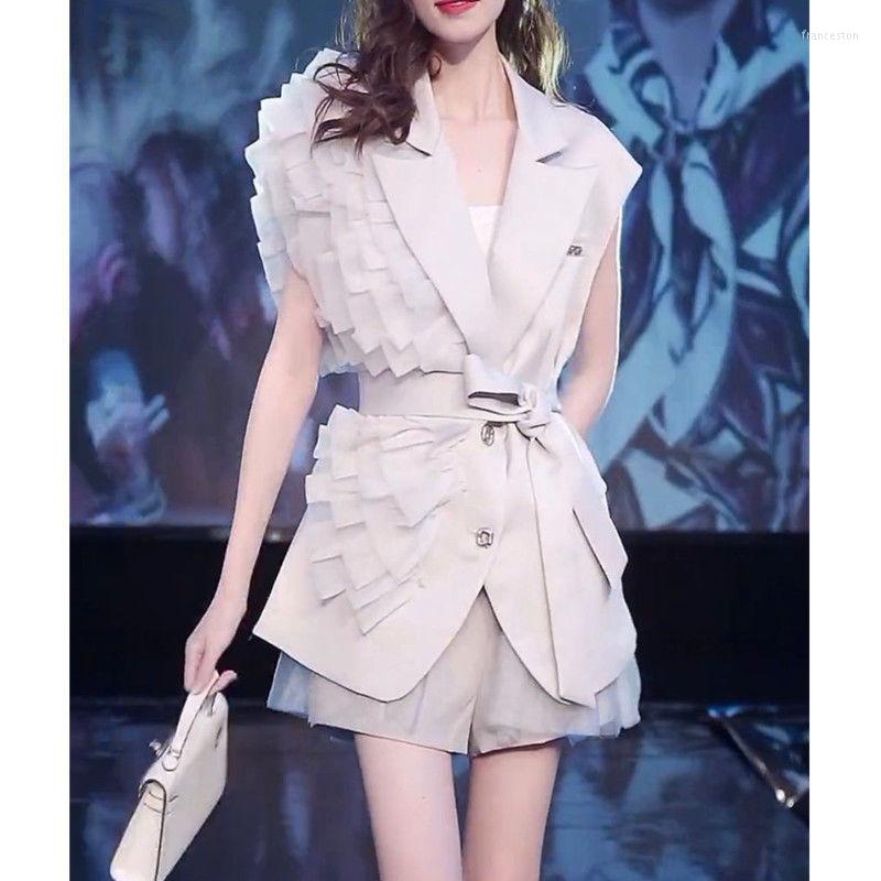 

Women' Suits Chaleco Mujer Ruffled Waistcoat Women Asymmetric Bandage Vest 2023 Spring Blazers And Jackets Gauze Blazer Femenino