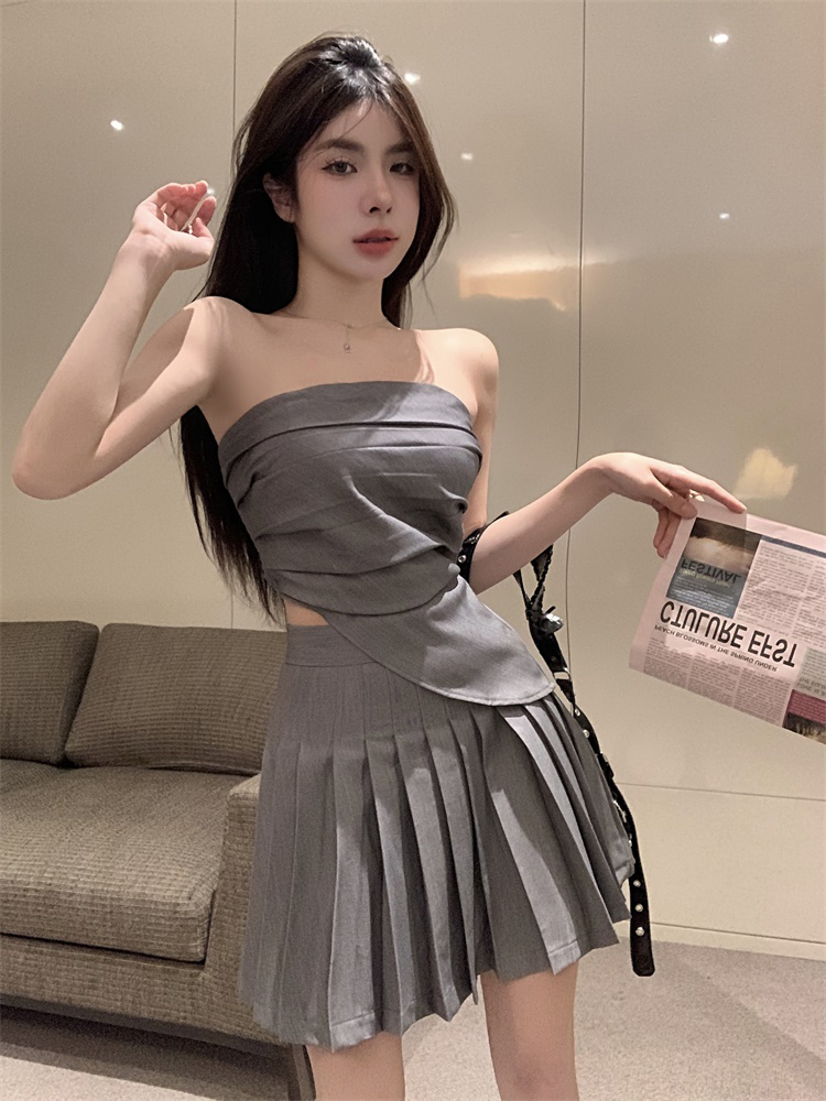 

Two Piece Dress Korean Fashion Irregular Short Strapless Top High Waist Pleated Mini Skirt Set for Women Matching Sets Outfit 230508, Black