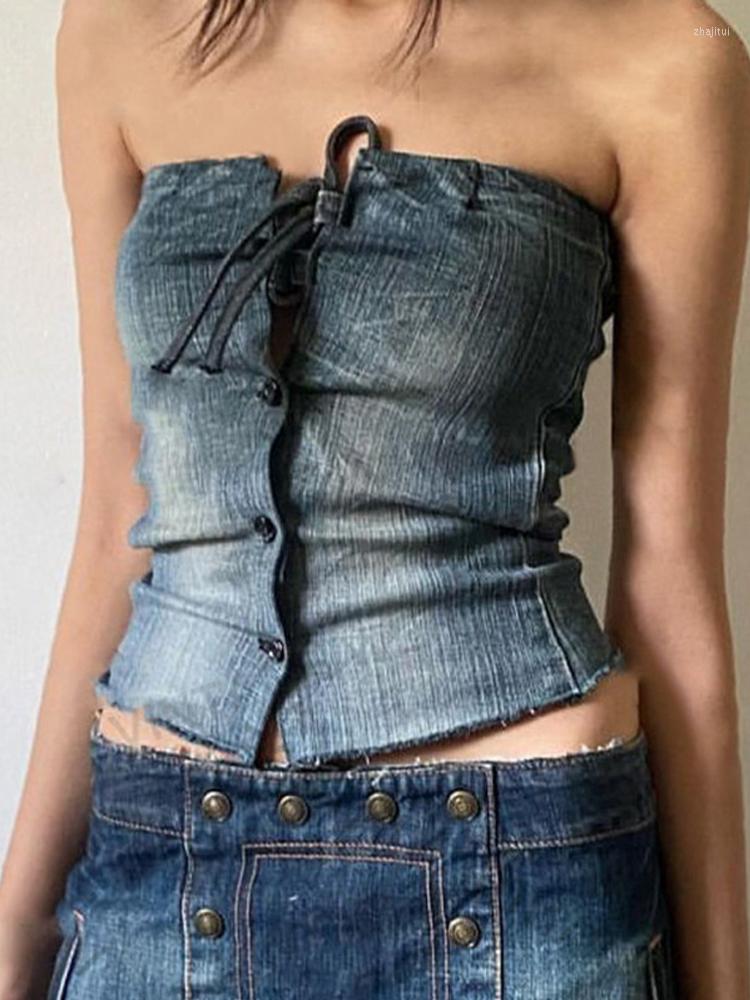 

Women' Tanks Vintage Streetwear Strapless Bodycon Tube Tops Female Y2K Lace Up Buttons Summer Denim Tank Top Short Chic Crop 2023, Picture shown