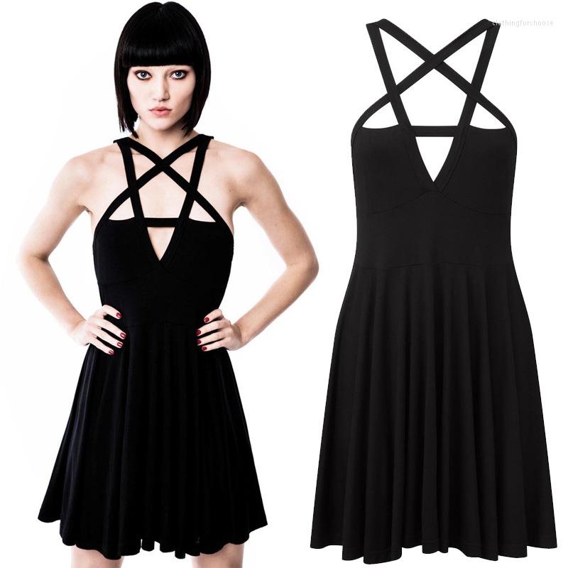 

Casual Dresses Women Sexy Black Sleeveless Summer Dress Spaghetti Strap Party Mini Bandage Backless Large Swing Beach