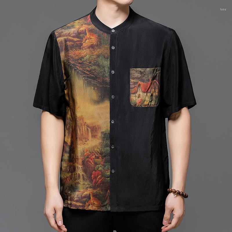 

Men's Casual Shirts Chinese Style Satin Luxury Dress Men Shirt Short Sleeve Printing Summer Quality Soft Comfortable Vinatge Camisa, Picture shown