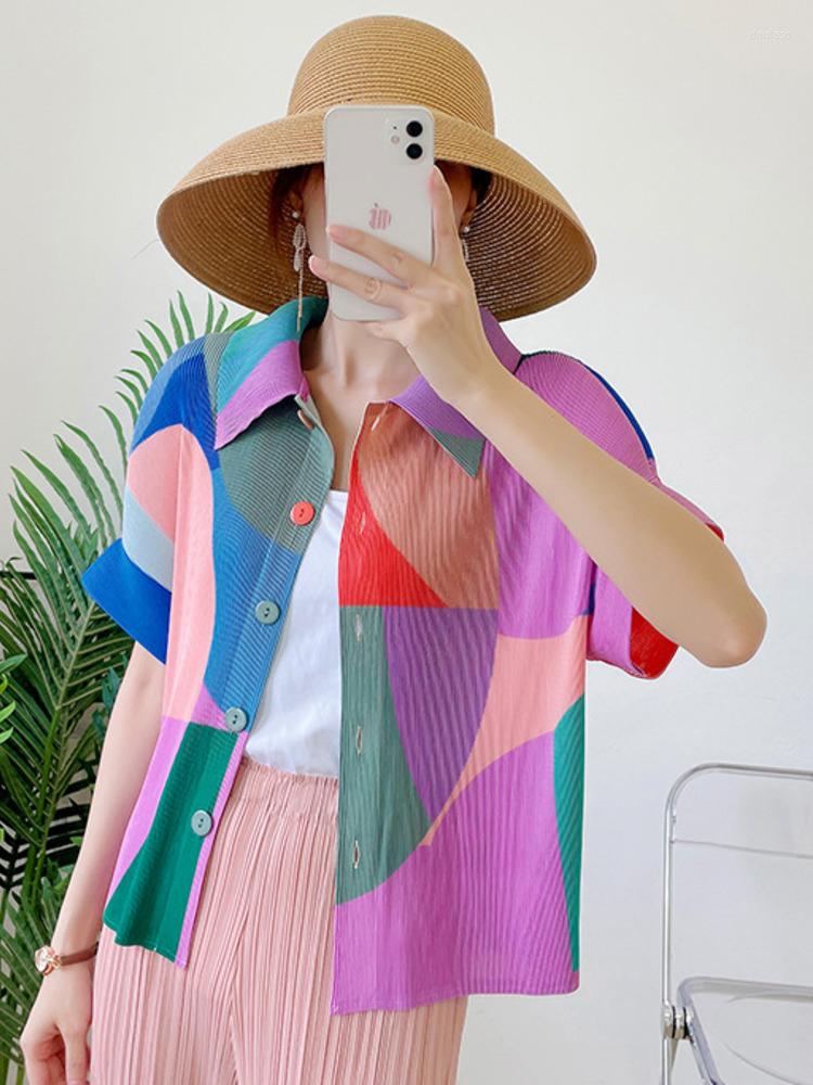 

Women's Jackets 2023 Summer Pleated Coat Women Patchwork Contrasting Colors Lapel Short Sleeve Loose Thin Jacket Fashion Trend, Yellow