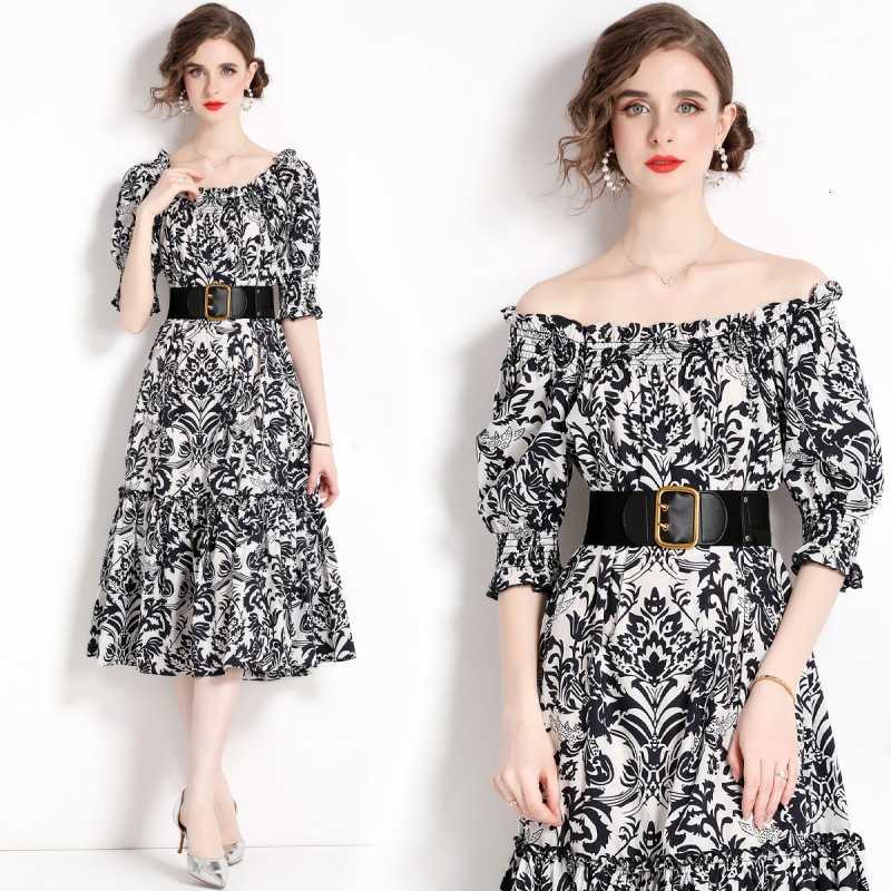 

Temperament Celebrity Style Women' 2023 Summer Off Shoulder Print Mid Length Commuter Waist Short Sleeve Dress, Color