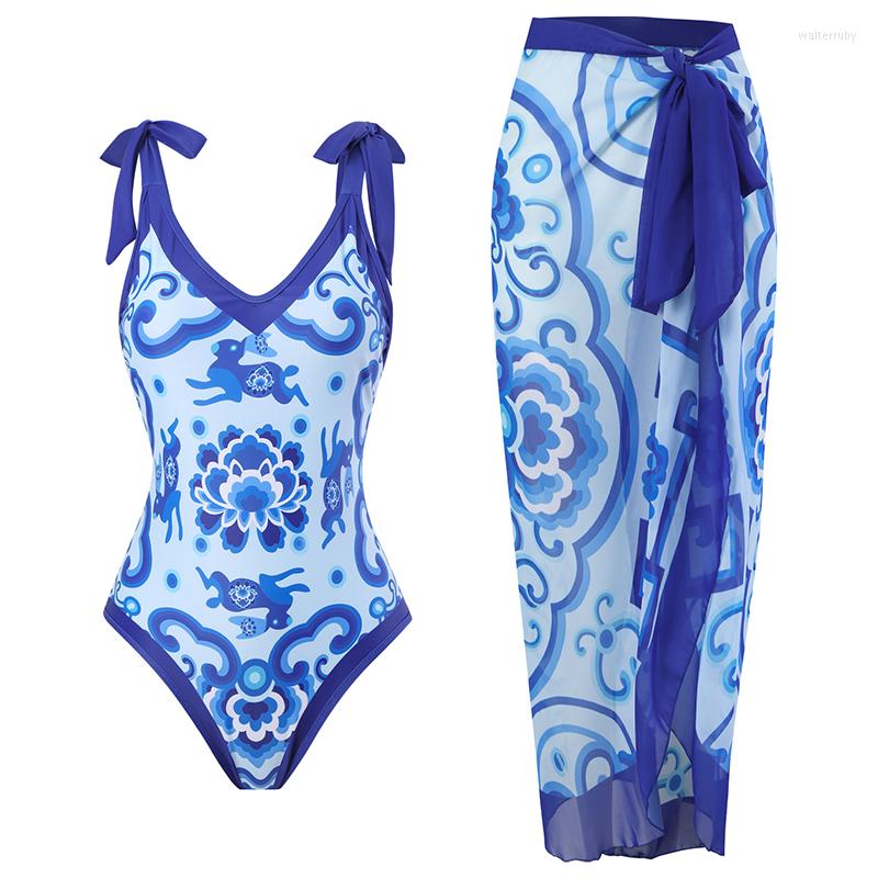 

Women' Swimwear Plunge V Neck One Piece Women Swimsuits Tummy Control Bathing Suit With Chiffon High Waist Wrap Mesh Sarong Swim Dress