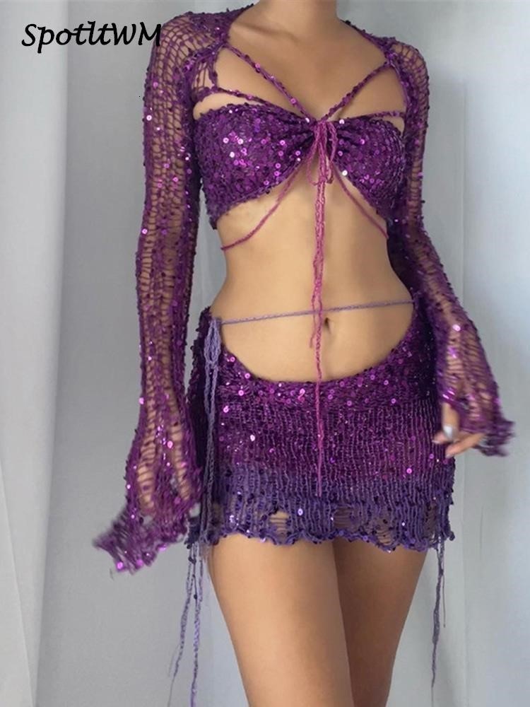 

Two Piece Dress Sequins Knitted Long Sleeve Tops Skirt 4 Pcs Set Hollow Out Crop Top And Mini Bodycon Suits 2023 Summer Sexy Beach Outfits 230508, Red