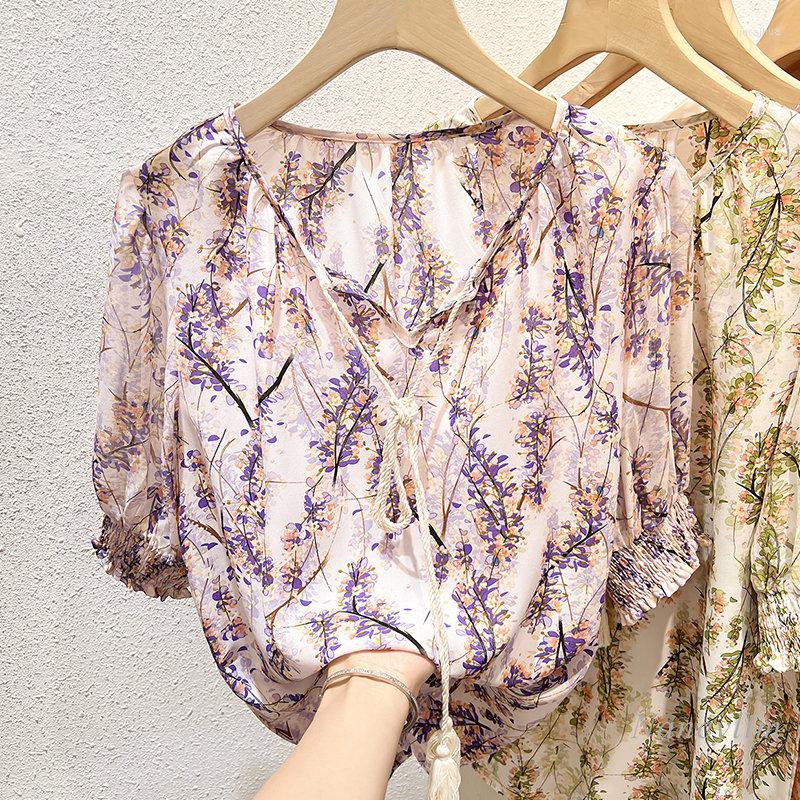 

Women' Blouses 2023 Korean Temperament Loose V-Neckline Drawstring Lace Printed Pullover Short Sleeve Chiffon Shirt Women' Thin Top, Green