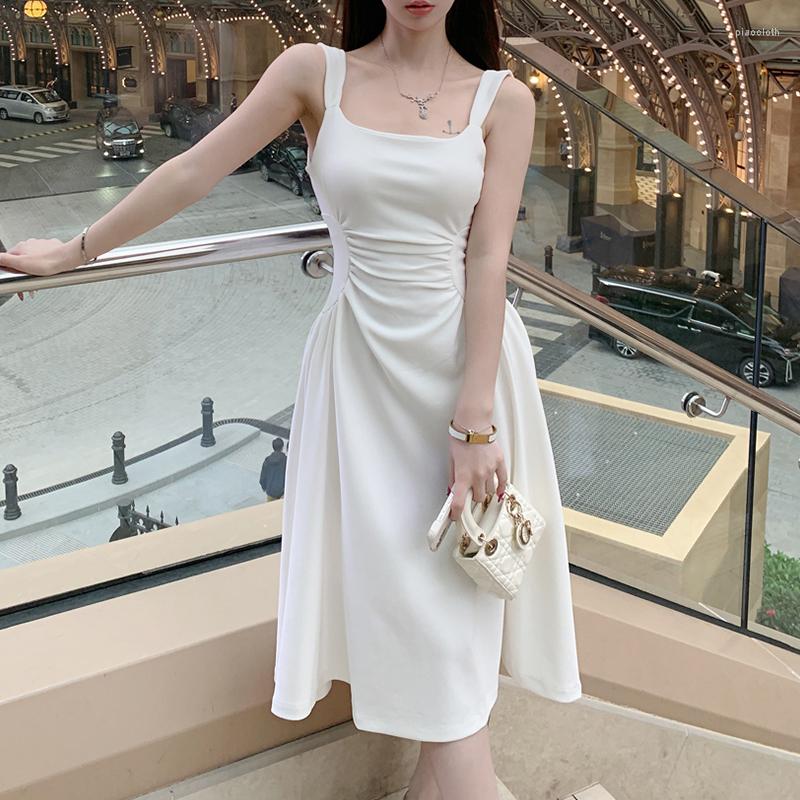 

Casual Dresses Chic White Elegant Dress Female 2023 Summer High Elastic Spaghetti Strapped Women Vintage Streetwear Clothing Ladies, Knit-vest