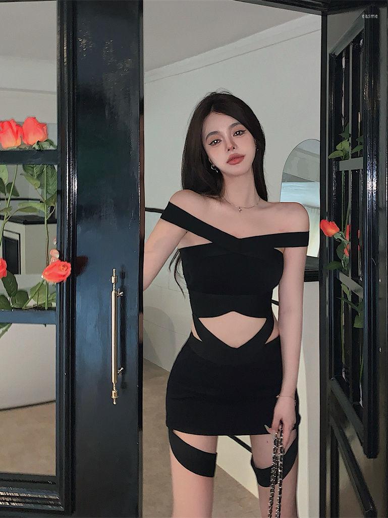 

Casual Dresses Super Sexy Girls Off Shoulder Short Top Pure Desire Hip Wrap Skirt Two-piece T Shirt Black Dress For Women, One piece skirt