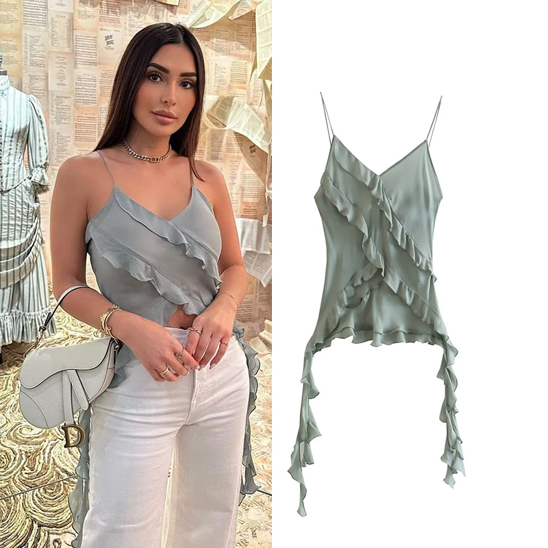 

Camisoles Tank's Tops Summer 2023 Blouses Fashion Comfortable Chiffon Suspenders Vneck Ruffled Decorative Joker Chic Shirt 230508, Army green