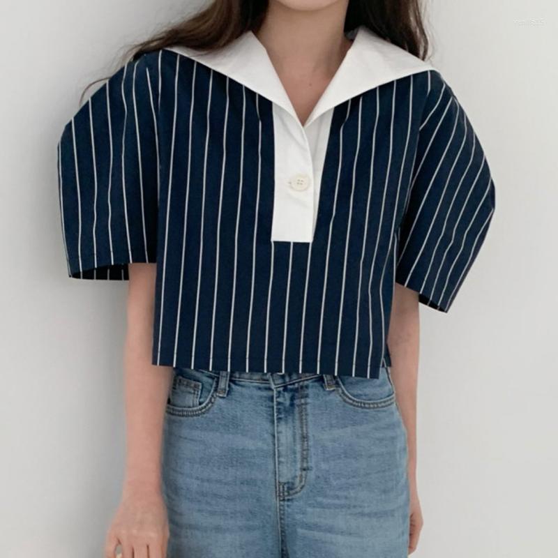 

Women's Blouses Vintage Elegant Contrast Color Blouse Femme Navy Collar Stripes Shirts 2023 Summer Loose All-match Puff Sleeve Tops Woman, Blue