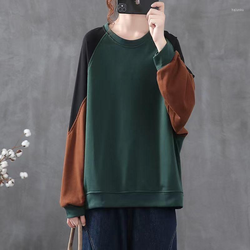 

Women's Hoodies Vintage Korean Contrast Color Oversize Streetwear Female Sweatshirt Spring Autumn Casual O Neck Long Sleeve Top Women's, Regulardark green
