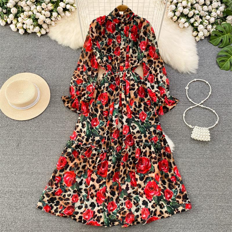 

Casual Dresses Premium Temperament Long Sleeve Stand Neck Elastic Waist Slim Leopard Print A-Line Dress Elegant Women Spring Maxi Z717, Red