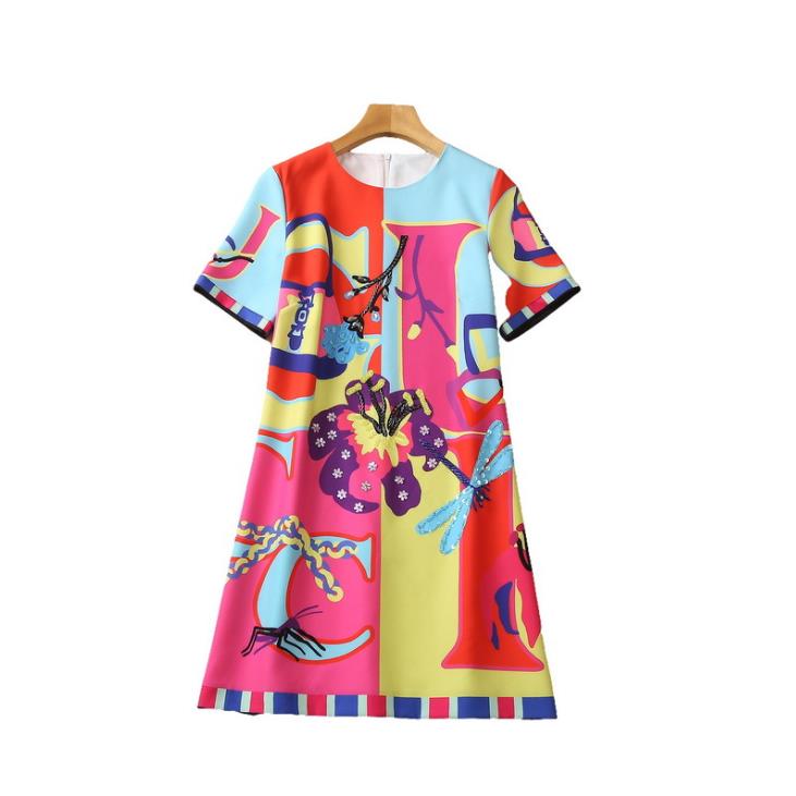 

326 XXL 2023 Spring Flora Print Dress Crew Neck Short Sleeve Above Knee polyester Panelld DRess Luxury Fashion Prom Womens Clothes SH, Customize