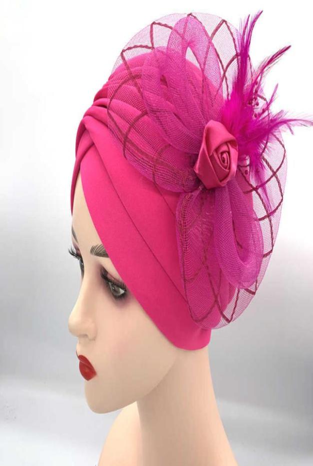 

2021 Feather Flower Turban Hat for Women Female Headwrap Ready to Wear Hijab Caps Muslim Headscarf Bonnet Turbante Mujer X08036599707