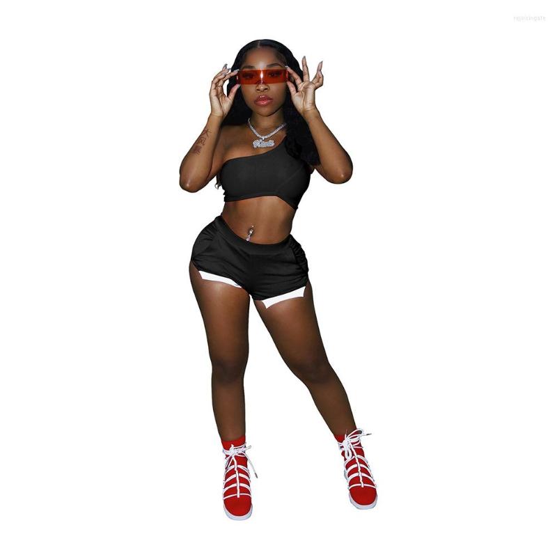

Women' Tracksuits 2023 Sexy One Shoulder Crop Top Slit Shorts Skinny Sport 2 Piece Set Streetwear Y2K Casual Short Summer Outfits For Women, Black