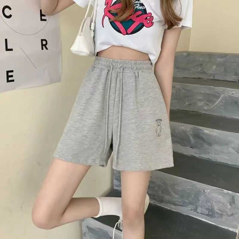 

Women's Shorts Yasuk Spring Summer Fashion Sporty Casual High Waist Slim Loose Shorts Pants Sweet Cool Girl Soft Solid Drawstring Print Bear AA230508, Black