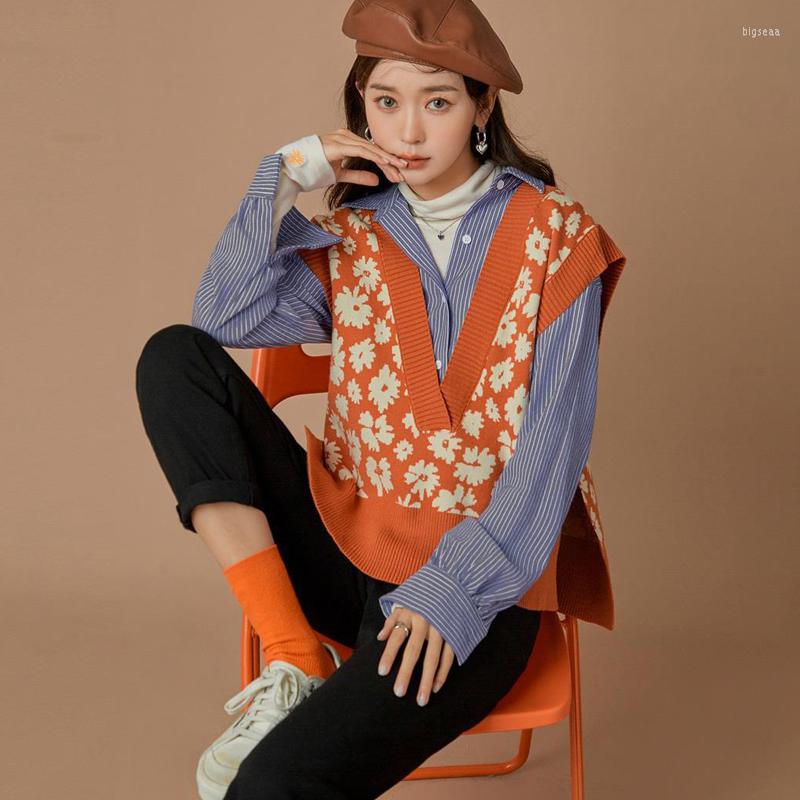 

Women's Vests Vangull Small Daisy Print Knitted Vest Women Early Autumn V-Neck Sleeveless Loose Tanks Fashion All-match Ladies Waistcoat, Blue
