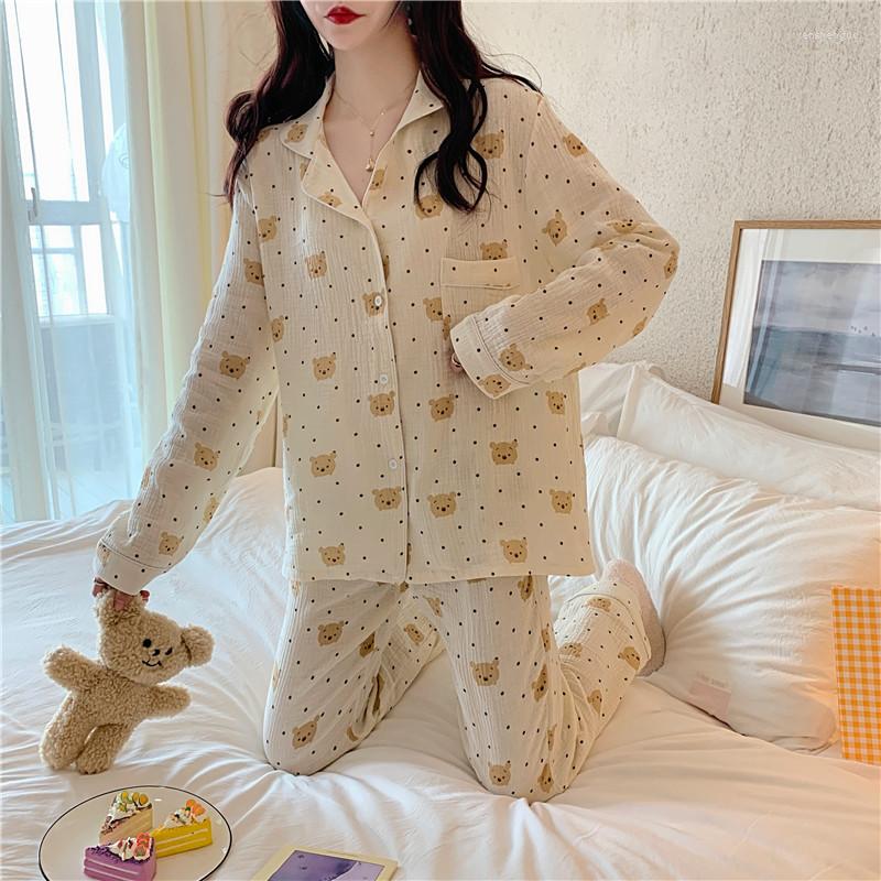 

Women's Sleepwear Spring Pajama Set Kawaii Bear Cartoon Cotton Suit Casual Home Clothes Long Sleeve Pants Pyjamas Pockets D053, Pink
