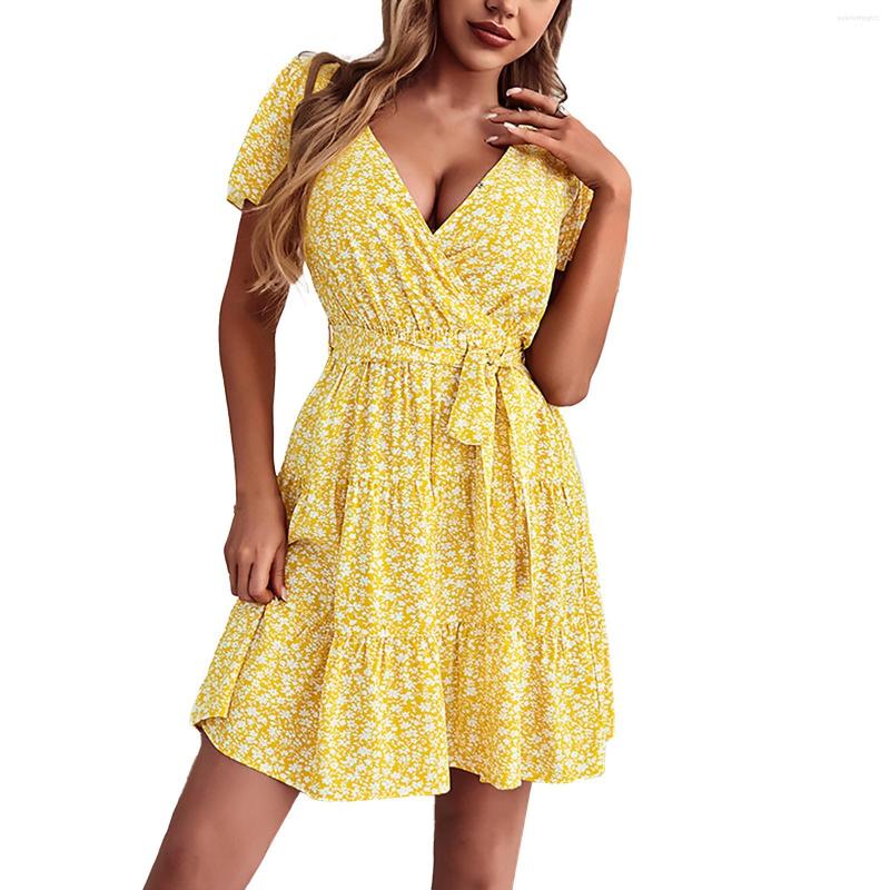 

Casual Dresses Women' Fashion Summer V Neck Floral Temperament Swing Dress, Black