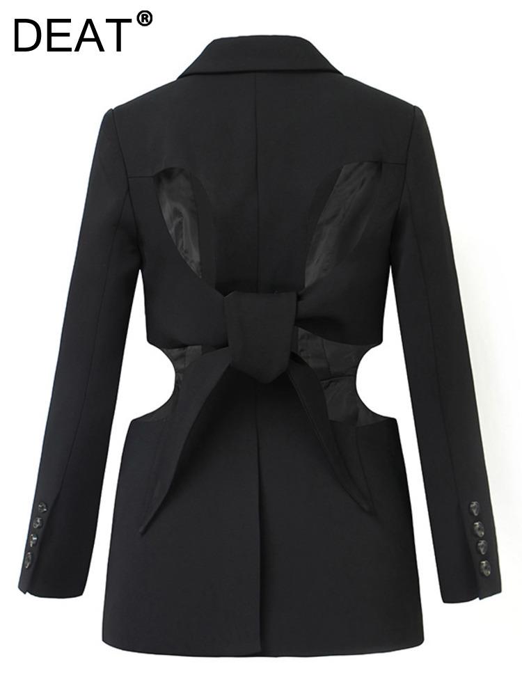 

Pants DEAT Temperament Black Women's Blazer New Notched Loose Single Breasted Long Sleeve Back Hollow Out Bandage Suit jackets 17A1221, White