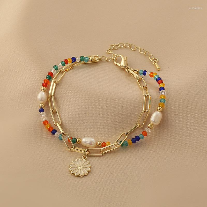 

Charm Bracelets Korean Edition Colorful Beaded Daisy Flowers Bracelet For Women Fresh Aesthetic Romantic Sweet Beauty Fashion Charms