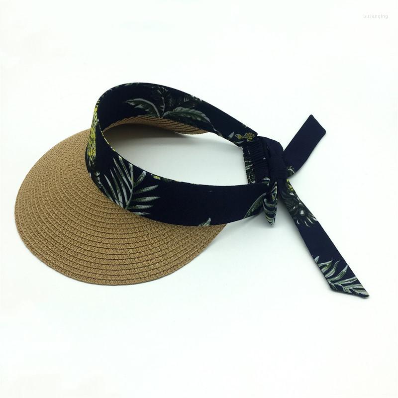 

Wide Brim Hats Women Girls Summer White Straw Visor Cap Hat Sun Protective Beach Floral Printed With Elastic Band, Dark natural