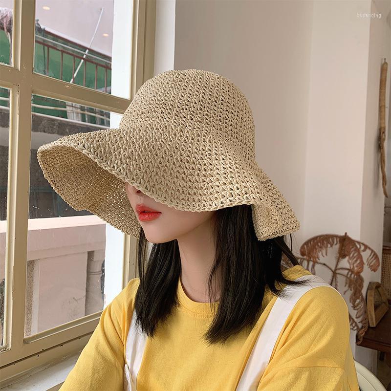 

Wide Brim Hats Women Spring Summer Weave Panama Crochet Fisherman Hat Large Hollow Breathable Khaki Beach Fold Paper Straw, Beige