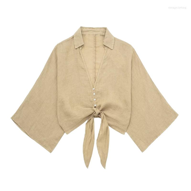 

Women's Blouses Woman Casual Camel Loose Cotton Linen V Neck Short Shirts 2023 Spring Female Solid Lacing Crop Ladies Batwing Sleeve Tops