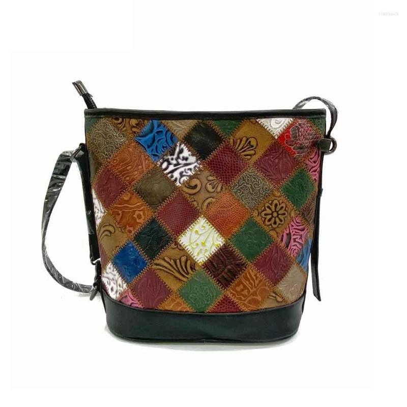 

Evening Bags Bag 2023 Women's Genuine Leather Plaid Printed Handbag Fashion Shoulder Handmade Bucket, Multicolor