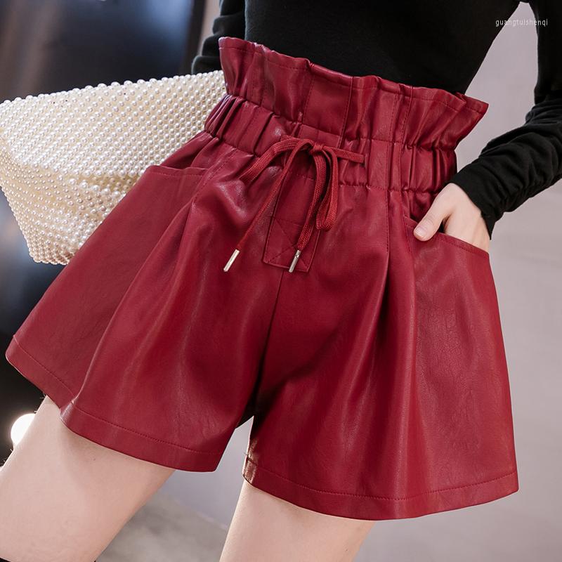 

Women' Shorts PU Leather Women 2023 Fall Winter Wide Leg Faux Elastic High Waist Pockets Female Korean Style Short Mujer, Black
