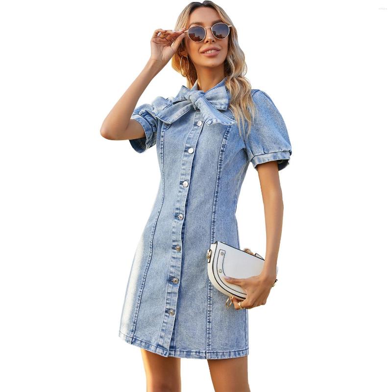 

Casual Dresses Summer Fashion Women' Denim Dress Slim Bow Blue Jeans For Women Party