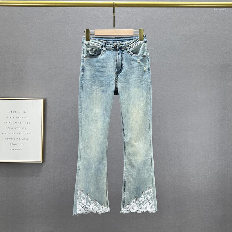 

Women' Jeans Women' Cropped 2023 Summer Stretch High Waist Slim Lace Stitching Bootcut Trousers Elegant Skinny Denim Pants Mujer, Retro blue