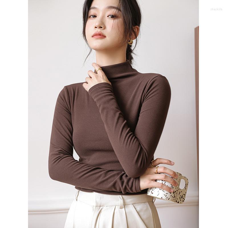 

Women' T Shirts Winter Fashion Women High Quality DE-Velvet Comfortable Cozy T-shirts Female Solid Color Basical Bottoming Tees Slim Casual, T35032 deep coffee