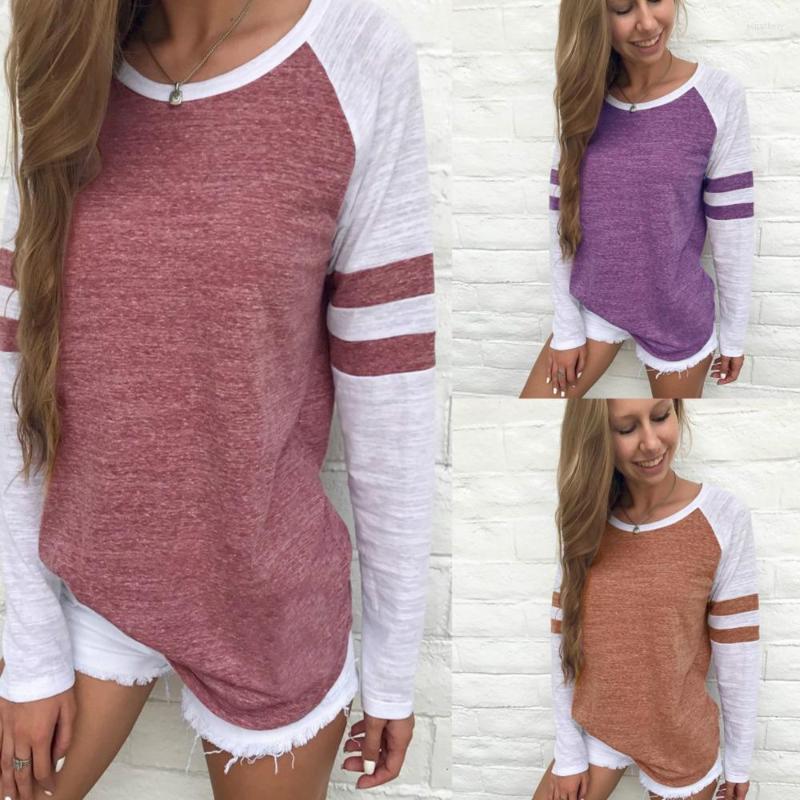 

Women' Blouses Fashion Three-color Striped Stitching Long-sleeved T-shirt Round Neck Color Matching Top, Red