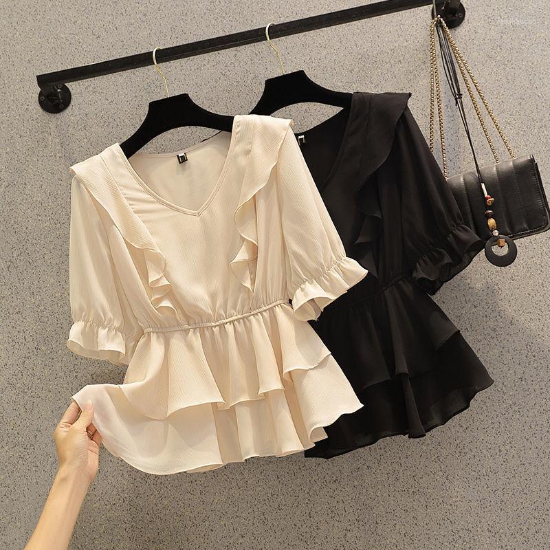 

Women's Blouses Casual Puff Sleeve Ruffle Chiffon Shirts Women 2023 Summer Korean Style Solid Color V-Neck Slim Fit Women's, Beige