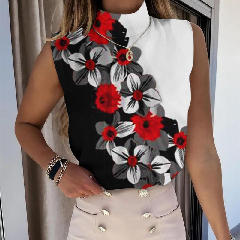 

Women's Tanks Womens Vests Casual Flowers Printing Turtleneck Sleeveless Tank Top Female Office Blouse Ladies Vest Slim Fit Camis Tops, Red