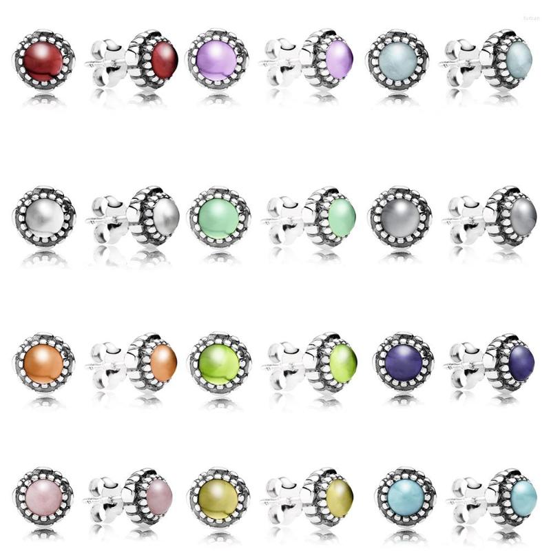 

Stud Earrings S925 Sterling Silver Women's Round Natural Zircon Original Diy Jewellery 12 Colors To Choose From