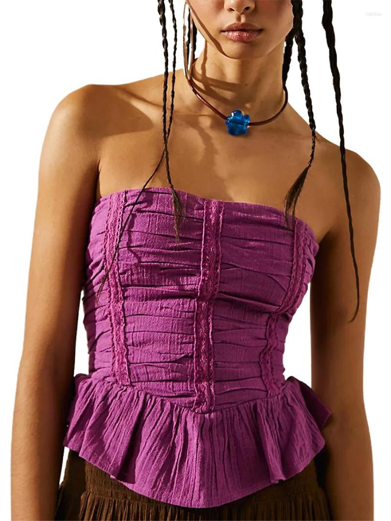 

Women' Tanks Women Elastic Basic Ruched Bandeau Ruffled Hem Summer Solid Color Strapless Off-Shoulder Crop Tops Streetwear Club Wear, Purple