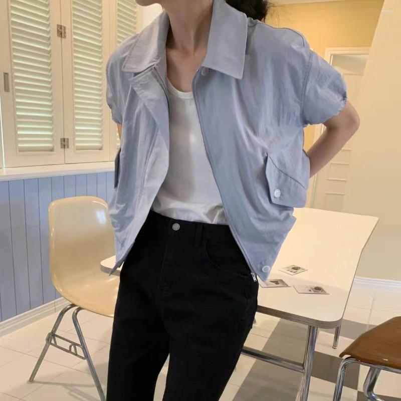 

Women's Jackets Korean Chic Summer Simple Temperament Lapel Loose Leisure Everything Solid Color Double Pocket Short-sleeved Coat Top Female, Black