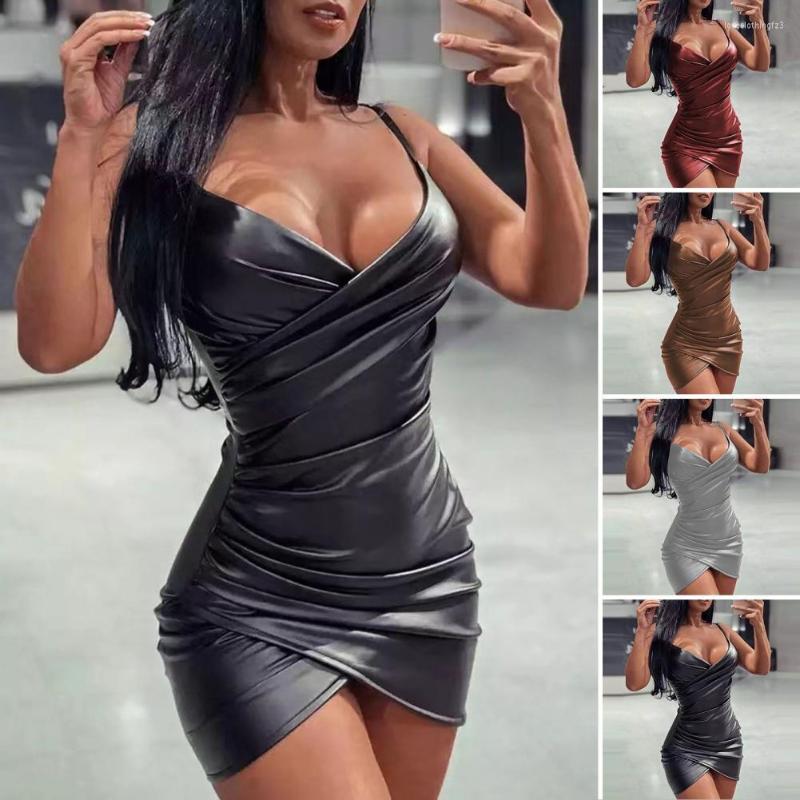 

Casual Dresses Cross Wrap V-neck Pleated Party Dress Sleeveless Slim Faux Leather Mini Spaghetti Straps Above Knee Women For Prom, Grey